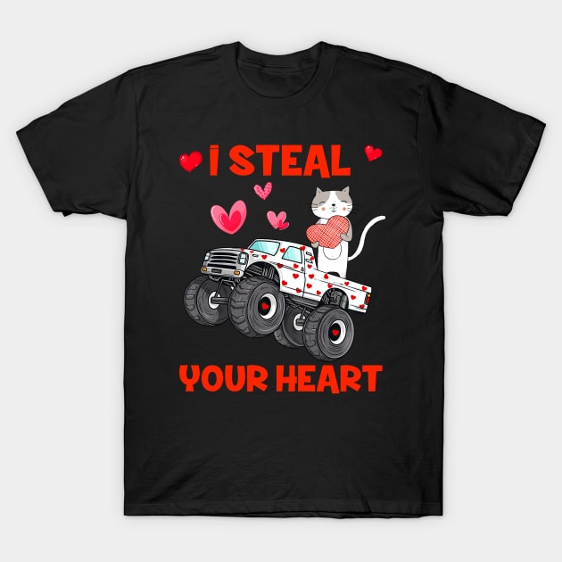 Cute Cat Holding Hearts Truck I Steal Hearts Valentines Day T-Shirt by Jhon Towel